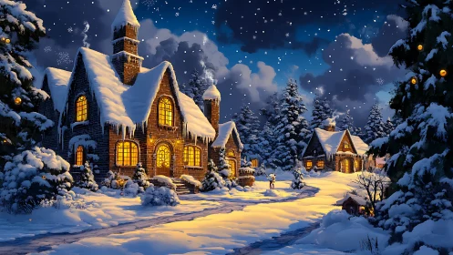 Snowlit cottage village basking in golden winter enchantment.