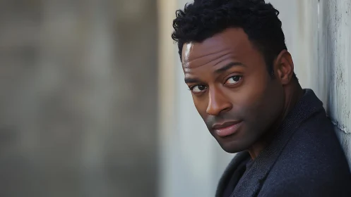 Portrait subject leans against wall in soft urban light.