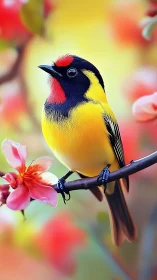 Bright songbird resting among soft blossoms in spring light.