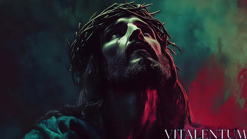 Somber digital portrait of man with thorn crown at night.