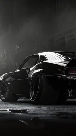 Low-angle analysis of widebody black muscle car in tunnel.