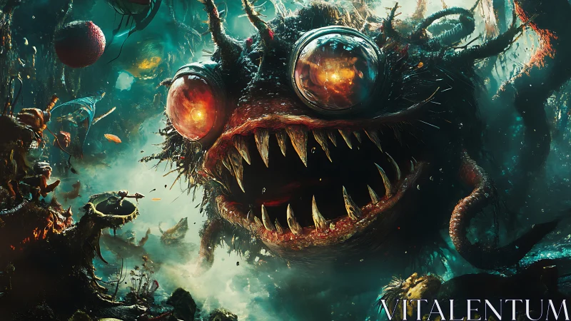 Bioluminescent abyssal monster lunges through toxic depths