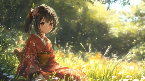 Sunlit anime girl in kimono amid volumetric meadow glow.