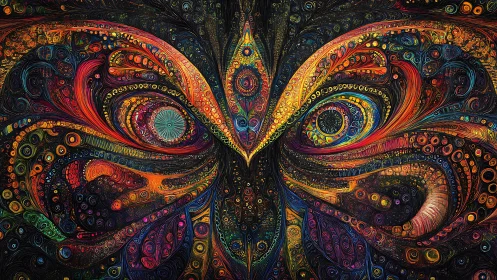 Colorful cosmic owl gaze swirling with playful mystery.