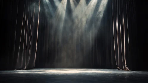 Empty theater stage with curtains under bright spotlights.
