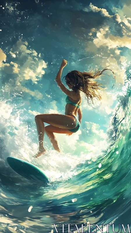 Dynamic low-angle surf portrait captures airborne female rider