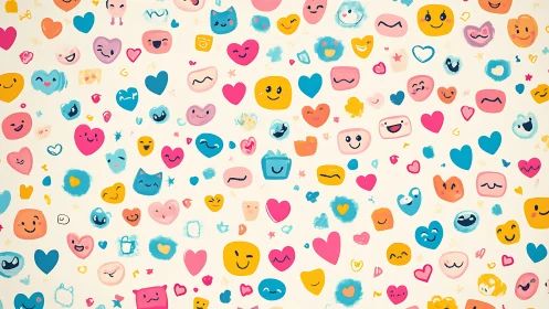 Patterned field of stylized emoji faces and heart icons.