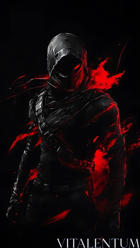 Hooded rogue in red-accented chiaroscuro, high-contrast digital rendering