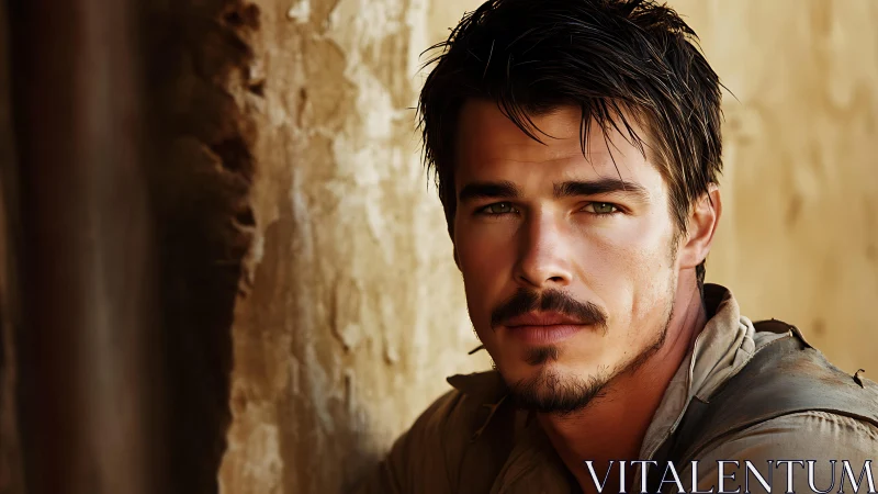 Sunlit explorer portrait against weathered stone wall.