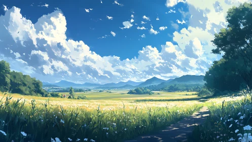 Panoramic rural meadow under cumulus sky with layered depth cues