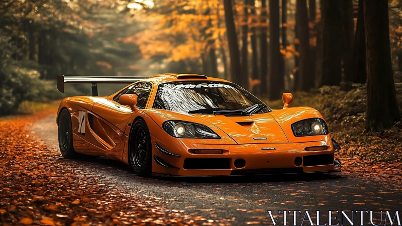 Orange racing car on forest road amid autumn foliage.
