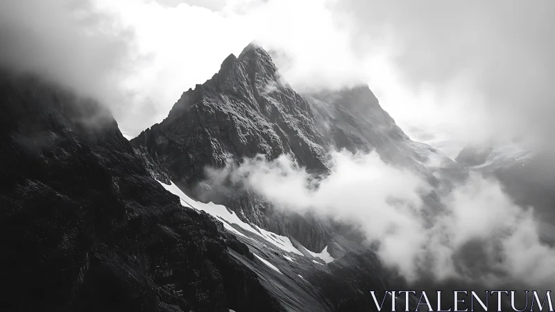 Brooding monochrome mountain peaks rise through drifting clouds.