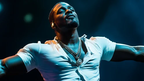 Electric stage glow crowns triumphant modern soul performer.