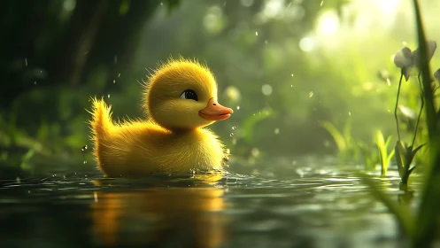 Duckling floats in shallow pond with soft backlighting