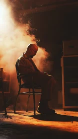 Backlit bald man seated in smoky warehouse with warm rim light