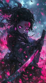 Demon-eyed swordsman channels neon petals in moonlit storm.