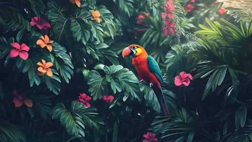 Vivid macaw rests within lush tropical flower canopy.