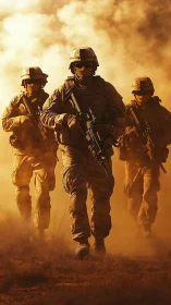 Armed soldiers stride through blazing desert dust at dusk
