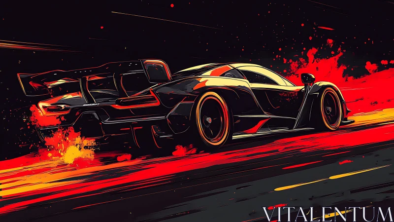Digital painting of hypercar in kinetic neon racing blaze.