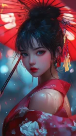 Digital painting portrait with red umbrella and bokeh glow.