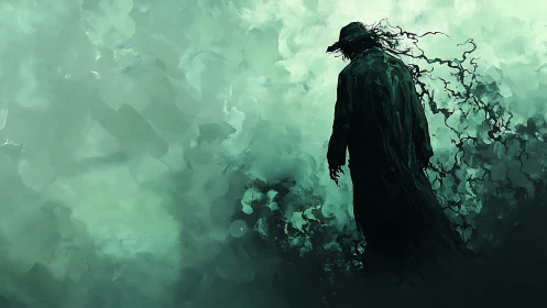 Solitary cloaked figure in abstract teal atmospheric haze.