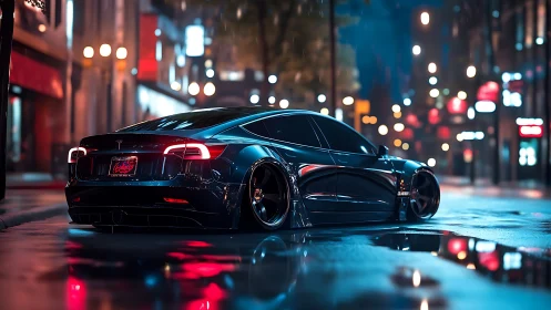 Lowered electric sedan is parked on wet night city street