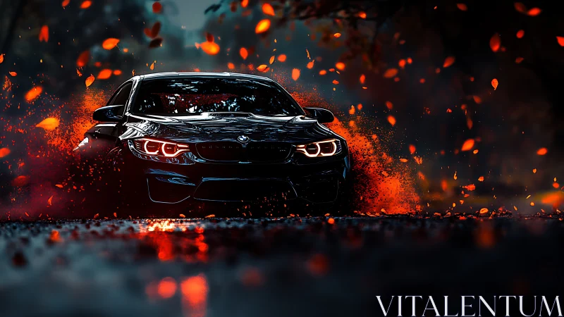 Midnight sports car drifts through a storm of ember leaves.