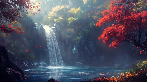 Crimson trees quietly crown a mist soaked waterfall dream
