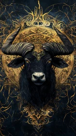 Horned black bull with ornate gold circular mandala background.