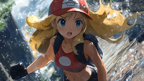 Dynamic anime runner in rain-soaked urban environment.