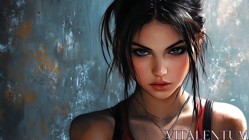 Intense digital portrait studies fierce woman against textured wall