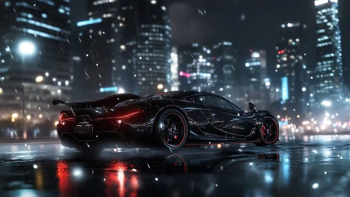 Midnight hypercar glides through neon soaked rainy cityscape.