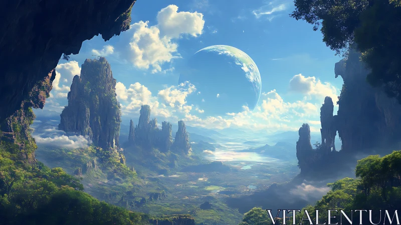 Alien valley opens beneath vast luminous rising planet.