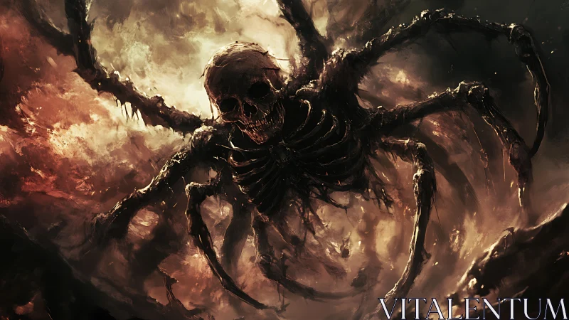 Skeletal spider demon emerging from fiery swirling void.