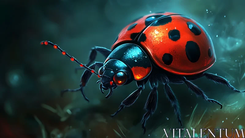 Neon dusk ladybug strides through a glowing micro jungle.