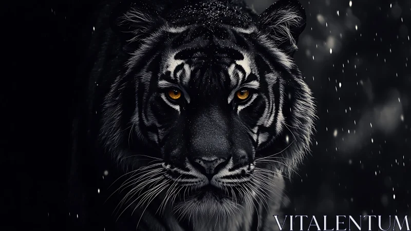 Black tiger portrait with golden eyes in snowfall night.