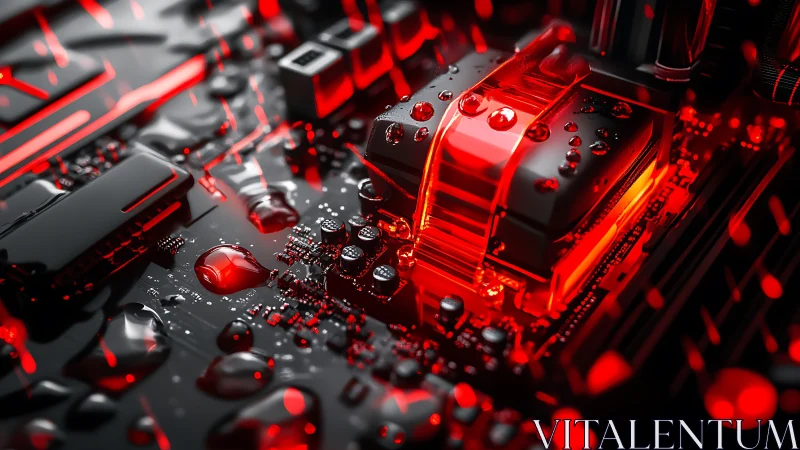 High-contrast red illuminated circuit under liquid cooling