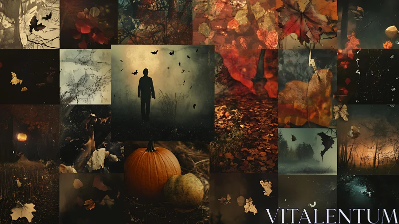 Autumnal horror montage with silhouetted wanderer centerpiece.