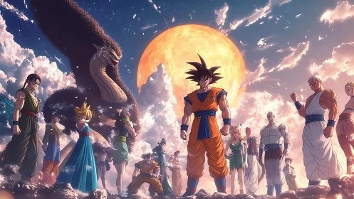 Epic anime ensemble under celestial backlight composition.