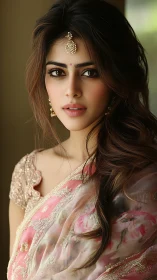 Photorealistic portrait in pink floral saree with gold jewelry