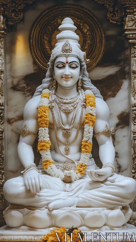 Photorealistic marble deity sculpture with ornate garlands.
