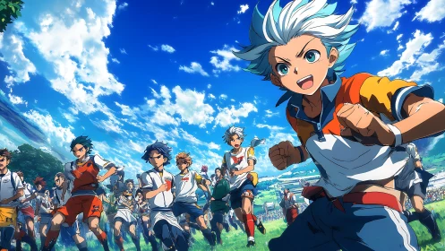 Dynamic anime sports crowd under expansive summer sky.
