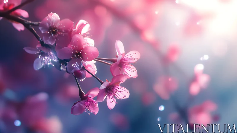 Pink blossoms on branch with soft focus background