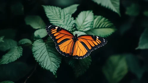 Orange and black butterfly resting on deep green foliage.