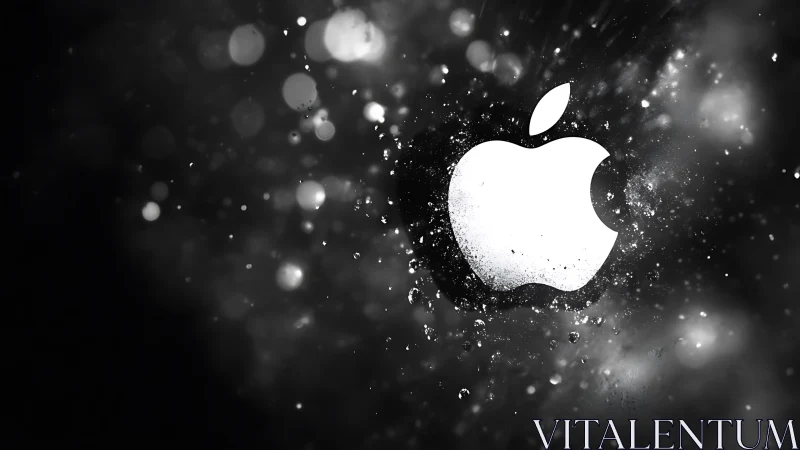 Monochrome particulate splash surrounding luminous apple emblem.