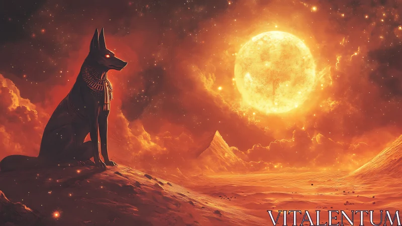 Celestial Anubis sentinel surveys a solar-scorched desert