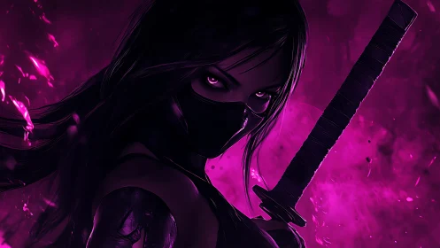 Masked female swordswoman in neon magenta environment.