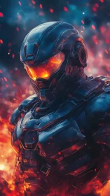 Cyberpunk inferno exosuit portrait with molten visor glow.