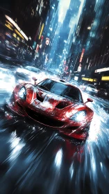 Red sports car moves through wet city street at night