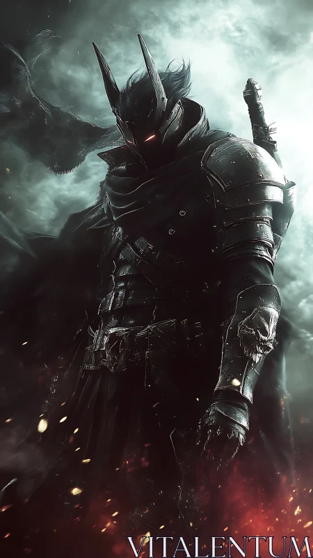 Armored dark knight in smoke with glowing red visor.